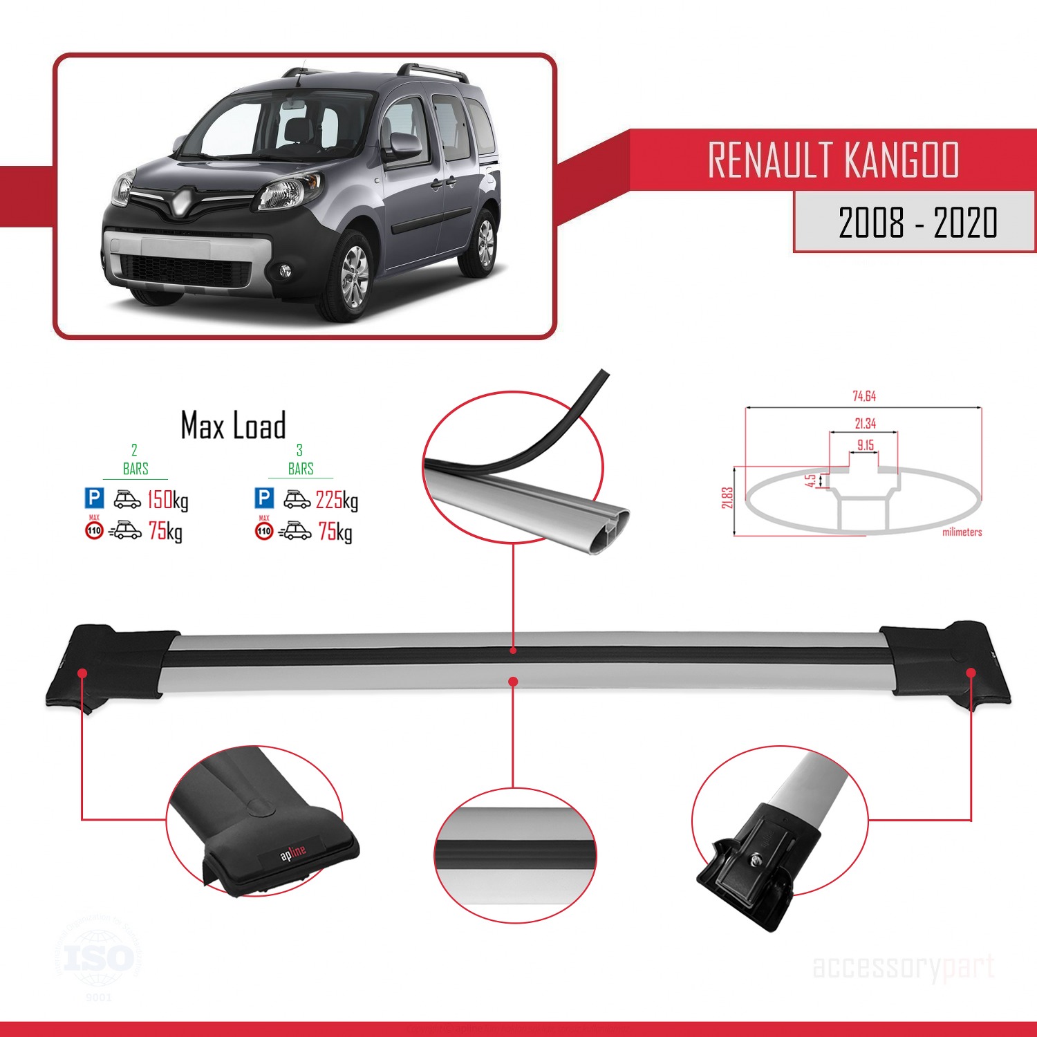 Compatible con Renault Kangoo 2008-2020 Barras de techo FLY Modelo